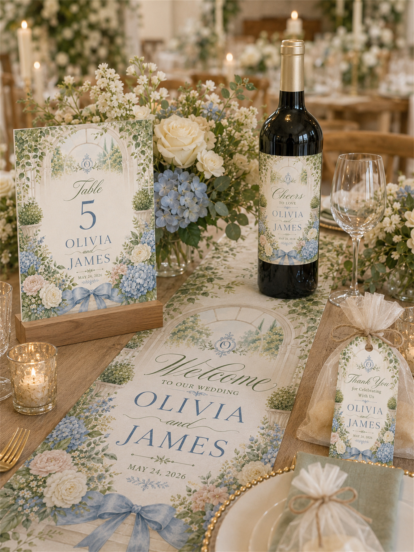 Gray-blue and romantic wedding decorations - garden arch design - custom names and dates